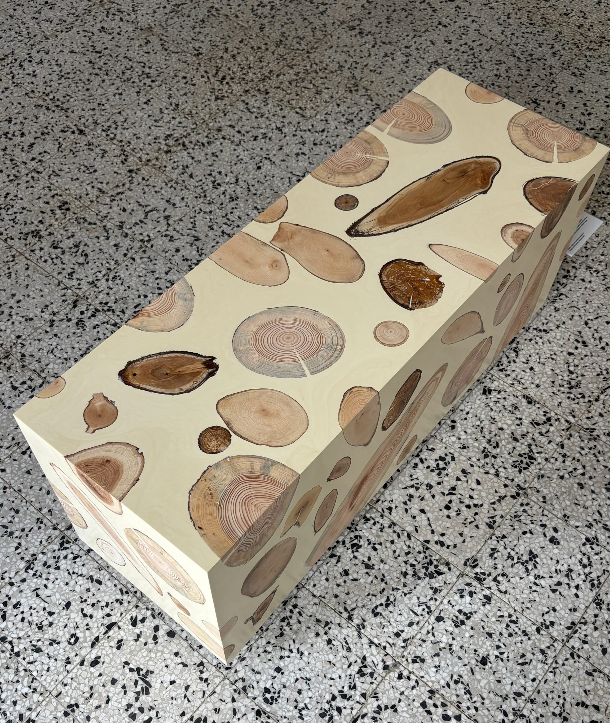 Bench with wood slab inclusions on terracotta floor